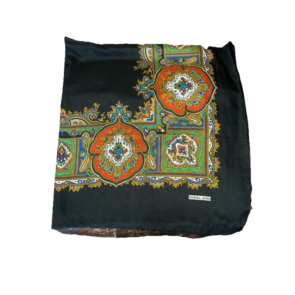 Rare Norma Dori Challis Scarf Paisley Black Red Multicolor 45” Square Raw Edges